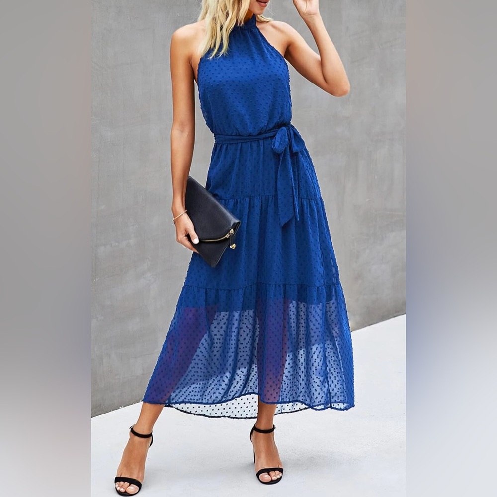 Women’s Blue Long Halter Neck Maxi Dress with Belt, Size Medium (8-10)